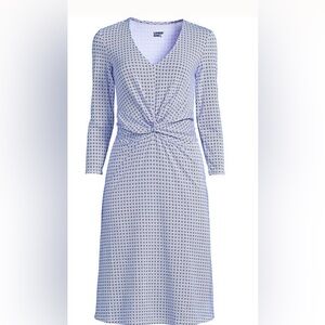 Lands' End White Green Sheath Dress V-Neck 3/4 Sleeve